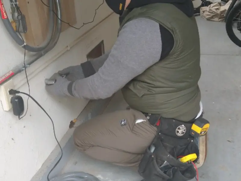 Electrician performing outlet wiring in a Wilmington garage